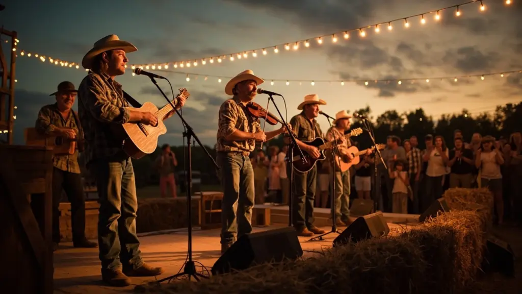 Crowd enjoying country concerts near me at an outdoor venue at dusk