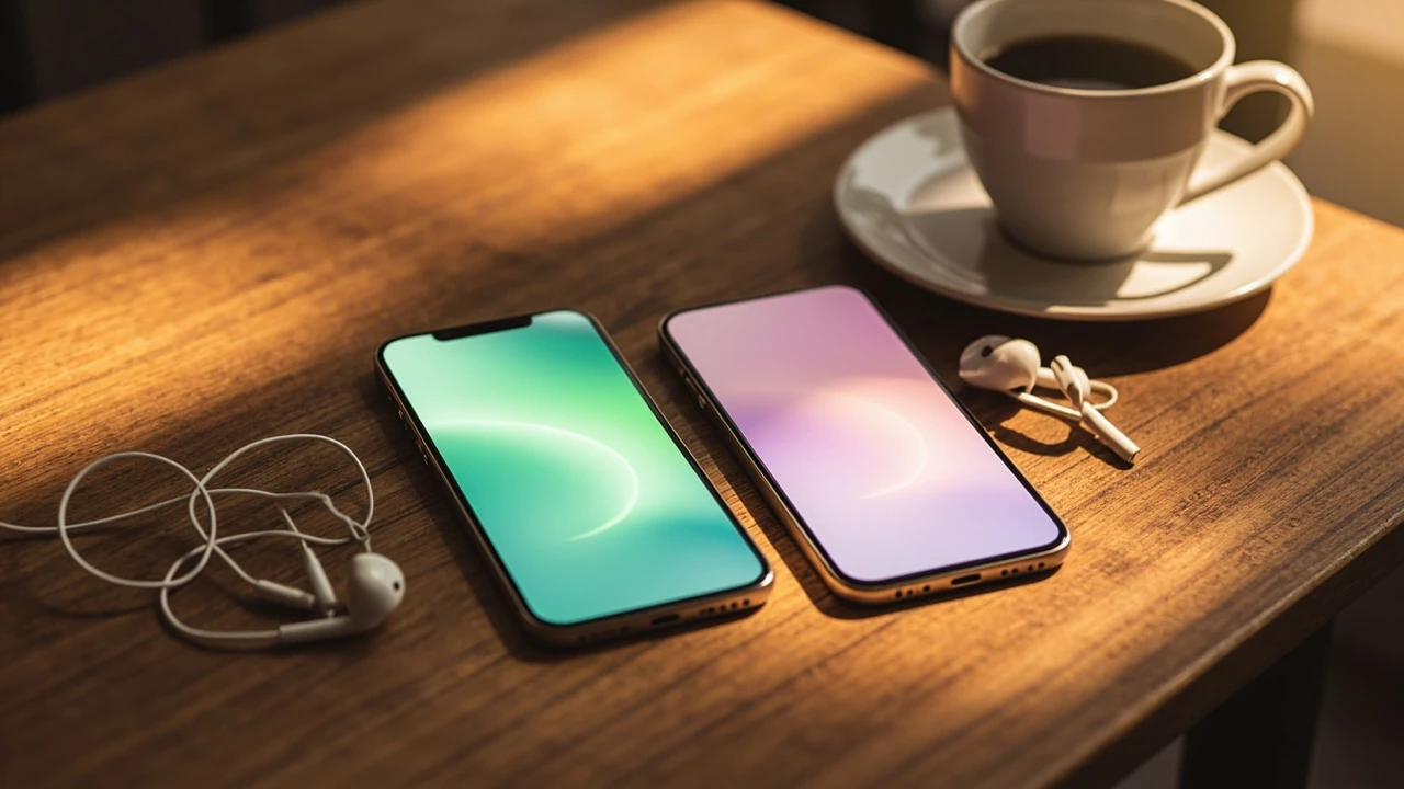 A side by side comparison of two smartphones running Spotify vs Apple Music