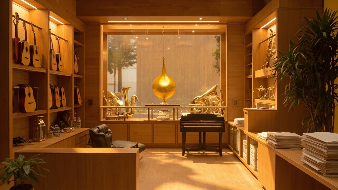Interior of a music store with shelves of instruments and accessories