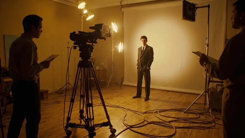 1965 music video production scene with camera crew and performer