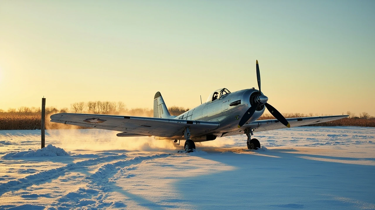 A small 1950s single-engine aircraft at rest in a snow-dusted Midwestern field at dusk