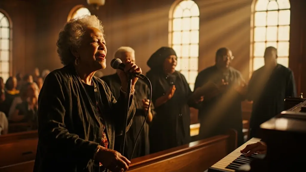 Gospel music choir performing with a pipe organ in a wooden church