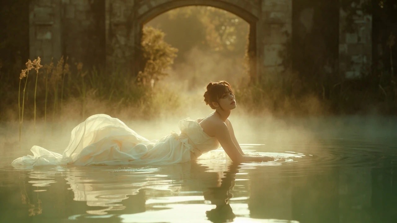 Painterly still from the fate of Ophelia music video with a figure in flowing water