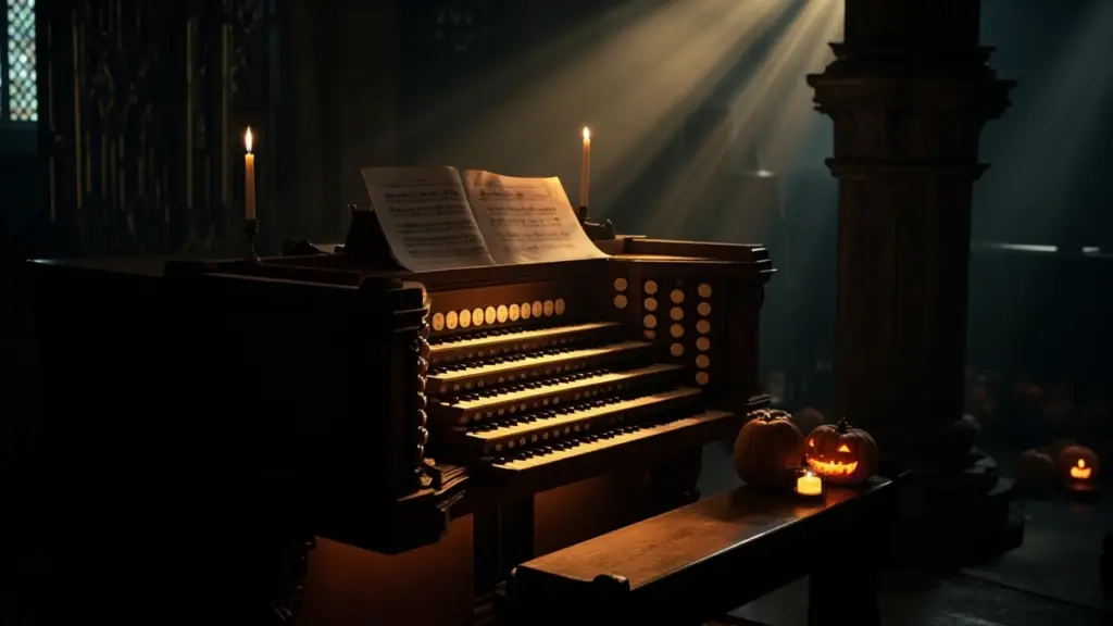 Pipe organ console lit by candlelight for Halloween music