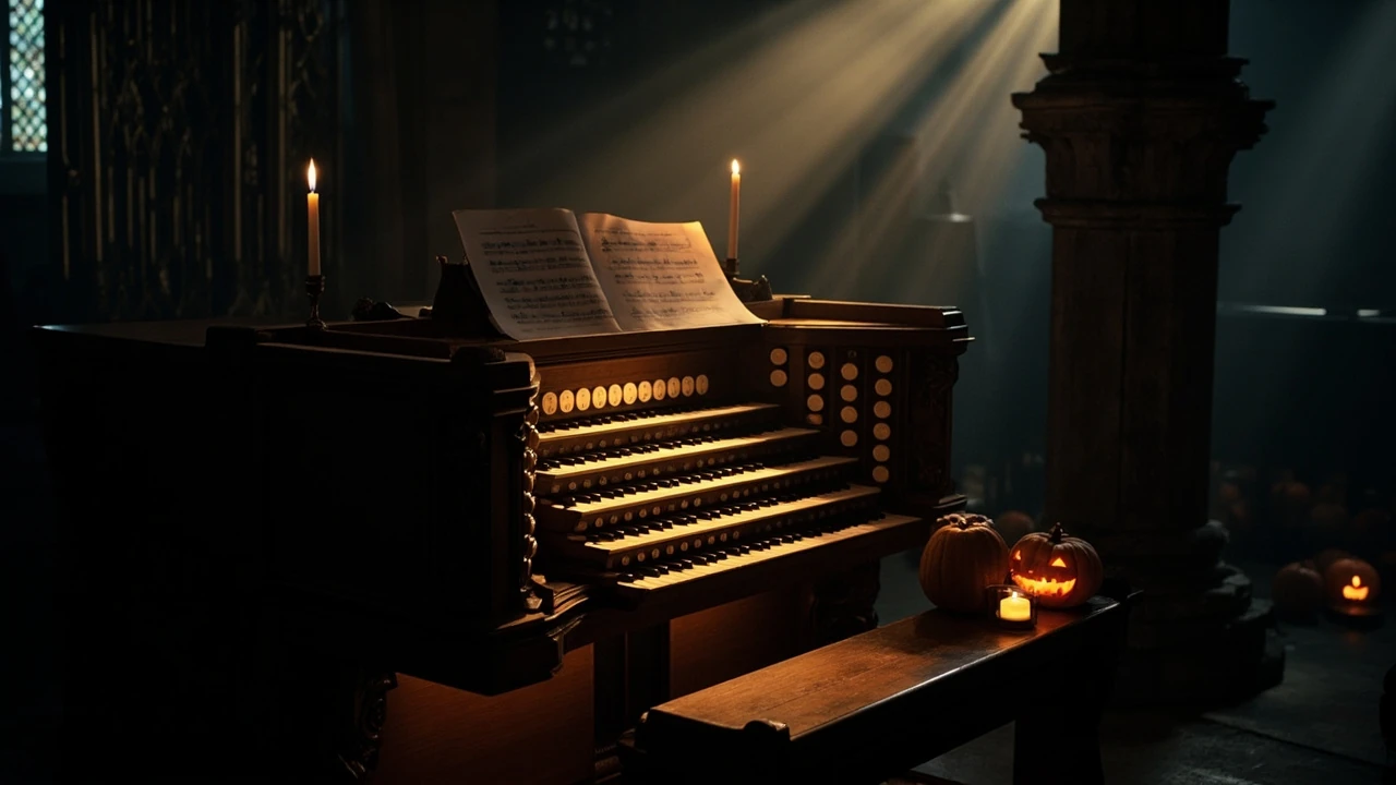 Pipe organ console lit by candlelight for Halloween music