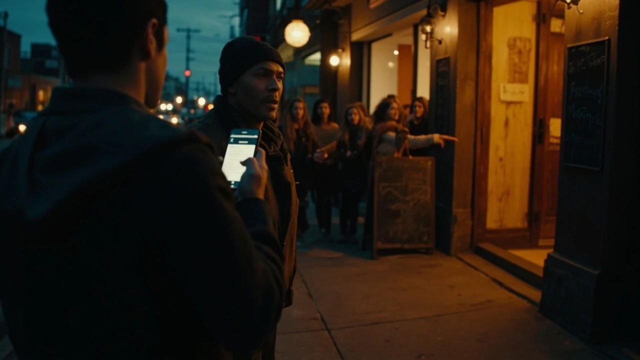 Couple checking a phone for live music near me tonight listings