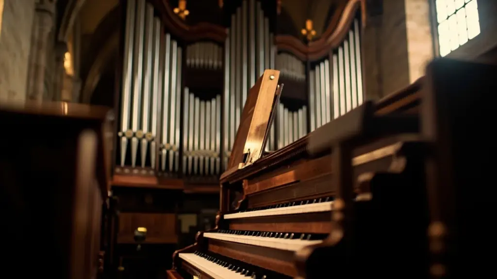 Pipe organ instrument in a church with open console and pipes