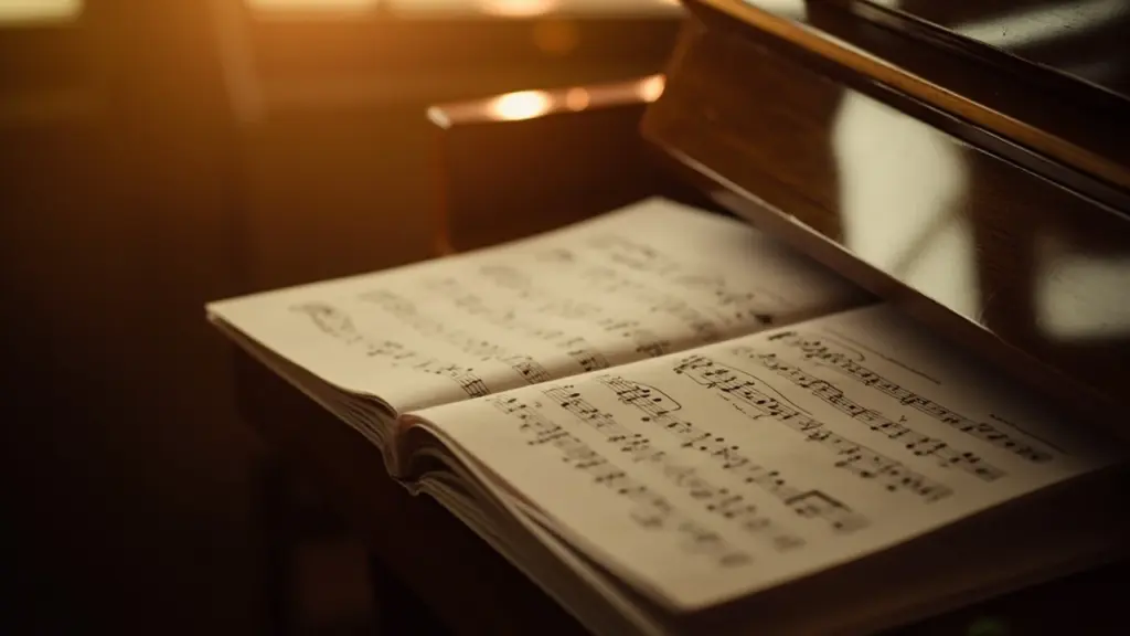 Open piano sheet music on a wooden music stand