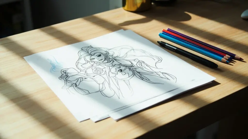 Stack of printed k pop demon hunters coloring pages on a wooden desk with colored pencils