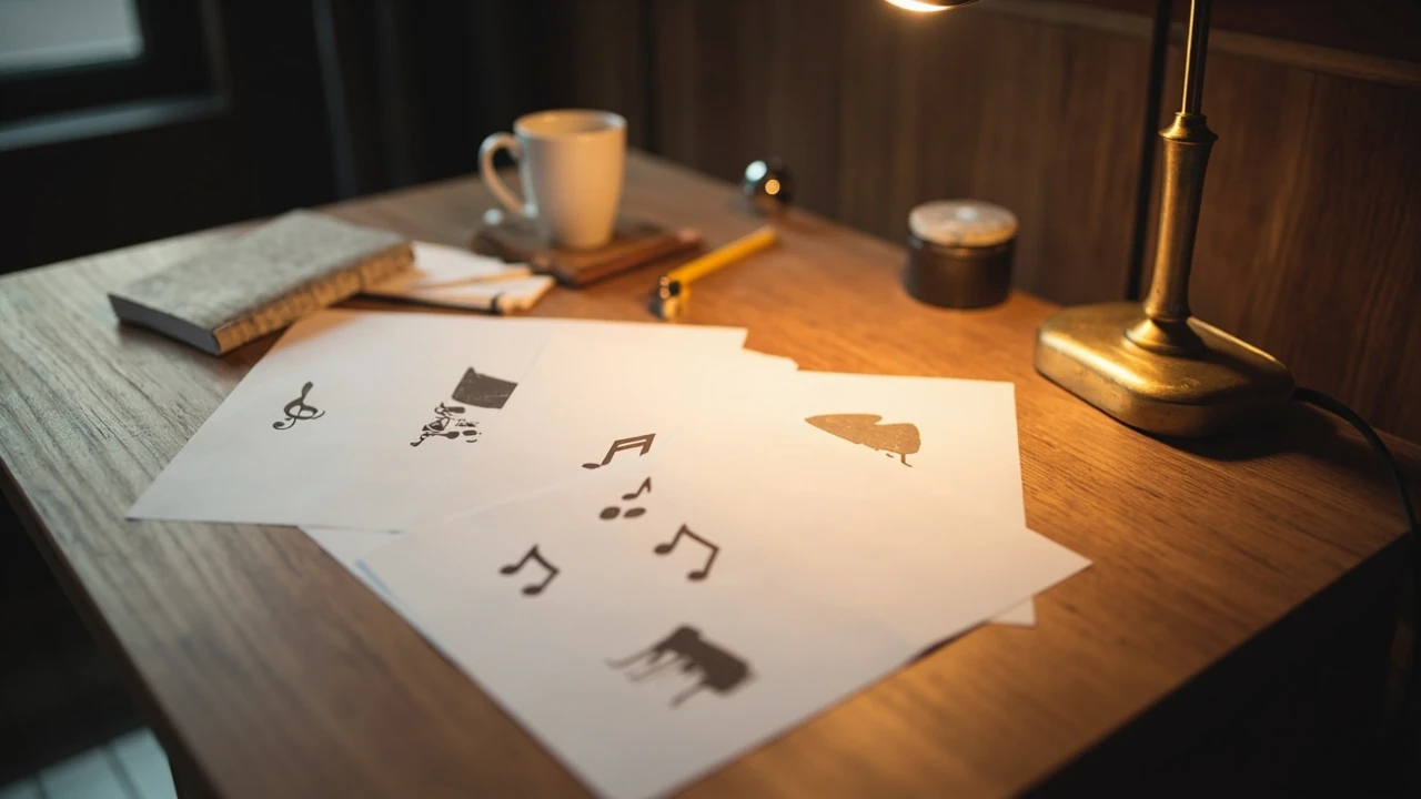 Music clipart arranged on a designer's desk
