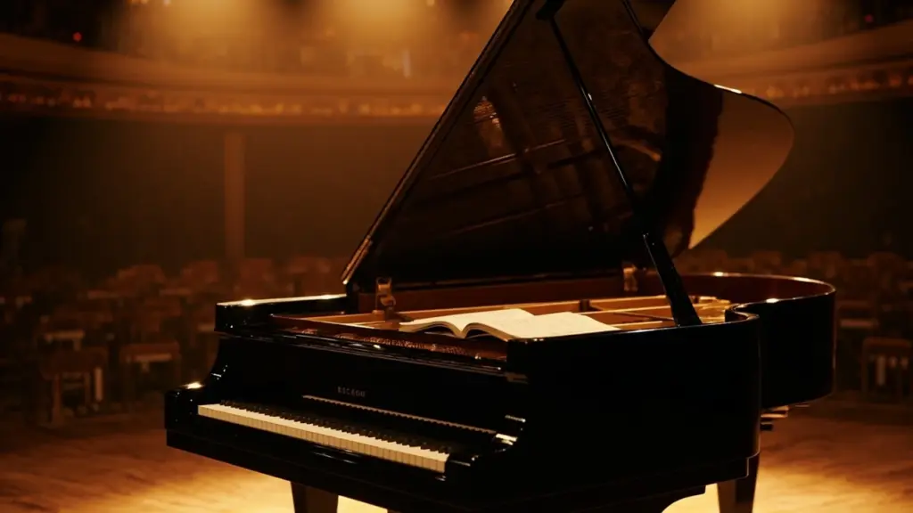 Sheet music and a grand piano illustrating piano music repertoire