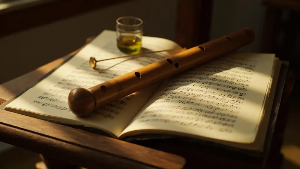 A wooden recorder instrument resting on a music stand