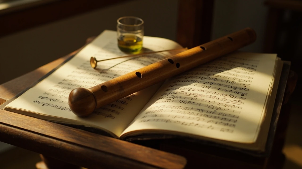 A wooden recorder instrument resting on a music stand