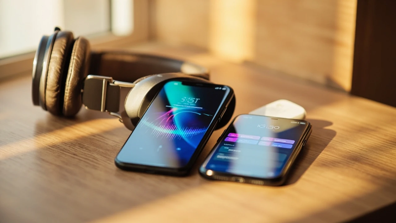 Smartphone and headphones comparing YouTube Music vs Spotify on a desk