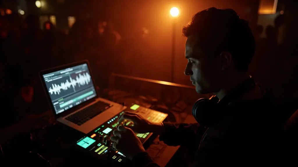 DJ hands on an analog mixer during an EDM set