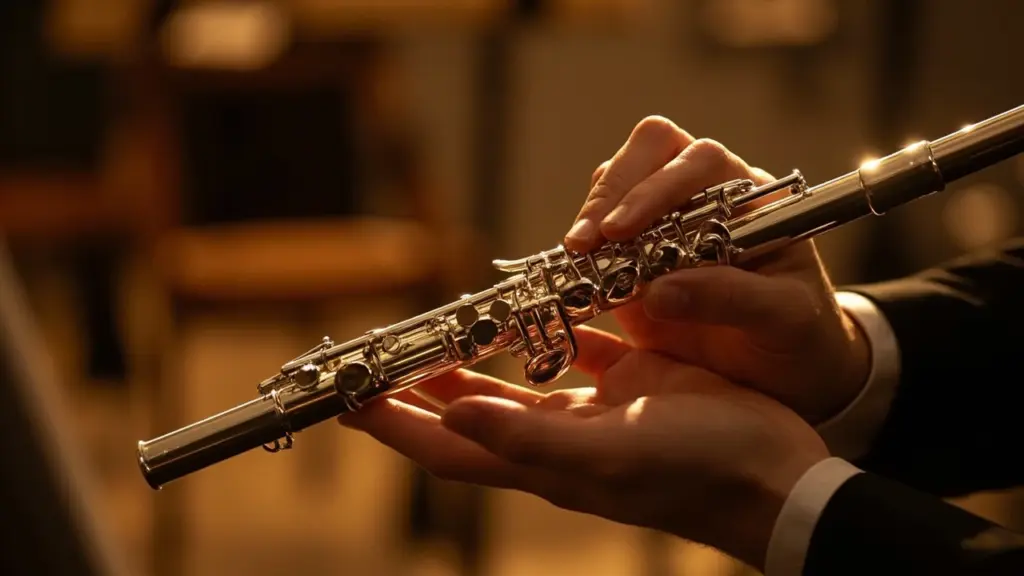 Piccolo instrument held by a player during rehearsal