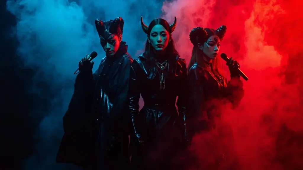 K pop demon hunter concept with performers in dark stage lighting