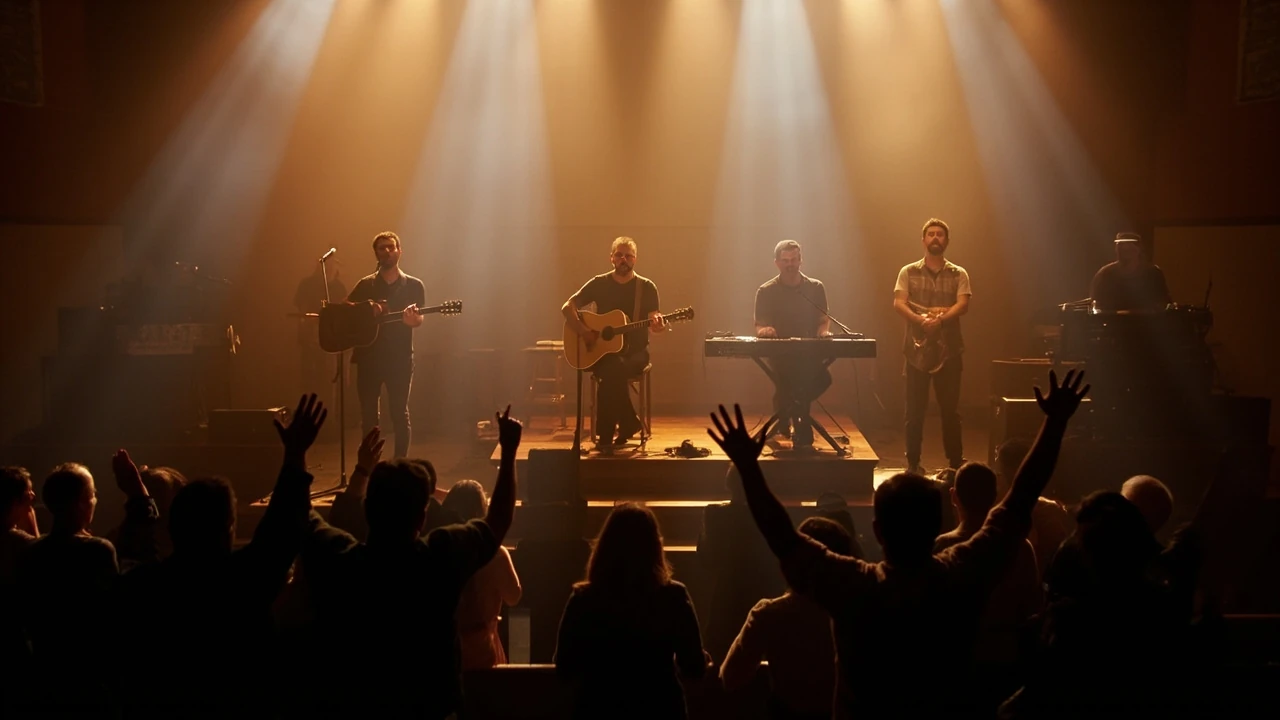 Audience raising hands at a local Christian concert in a church auditorium