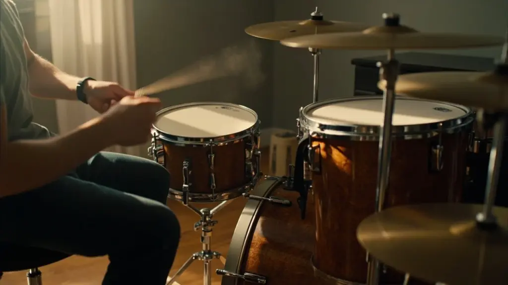 Drummer demonstrating the boom chicka pop groove on a small kit