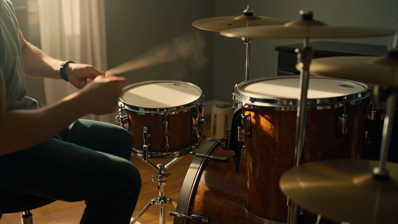 Drummer demonstrating the boom chicka pop groove on a small kit