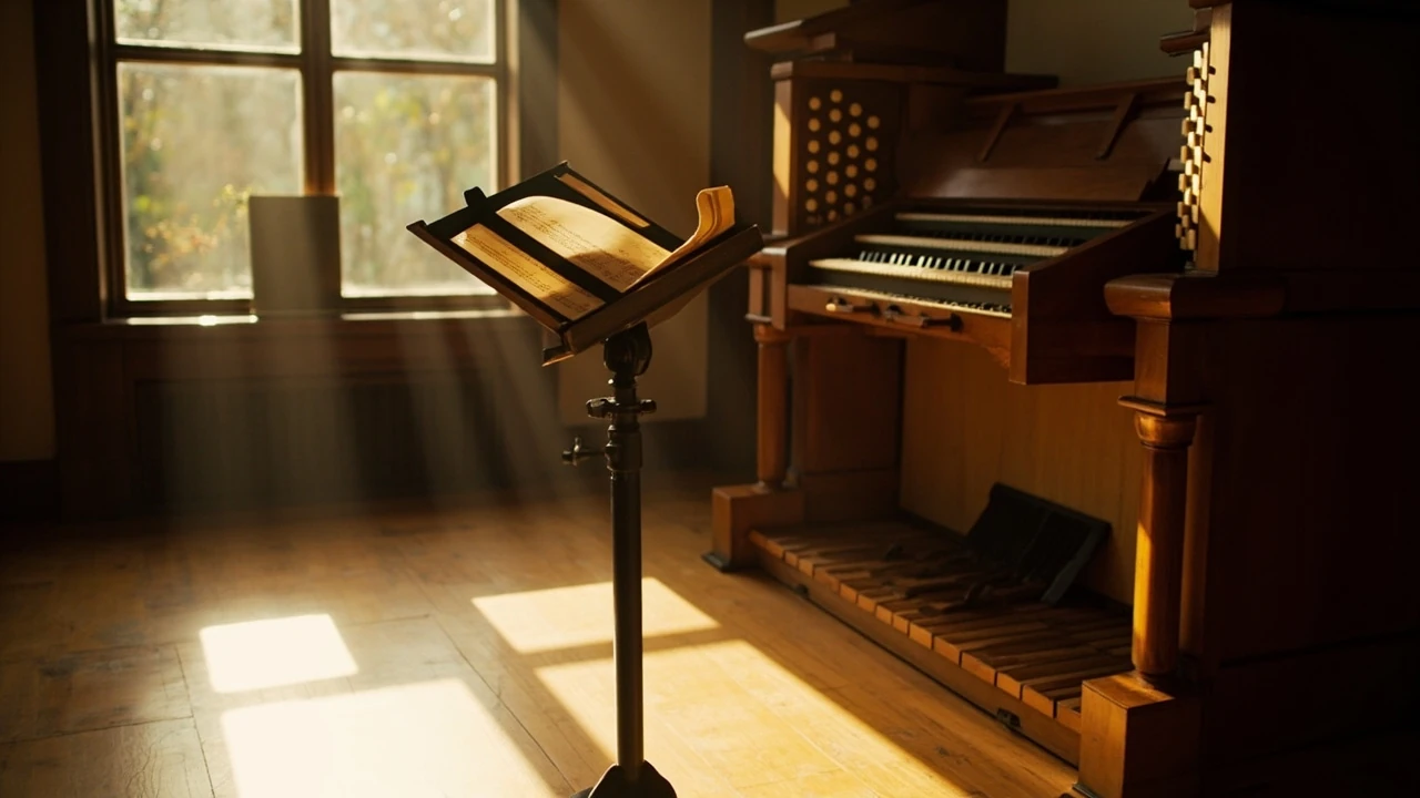 Music stand holding an open score beside an organ console in a sunlit practice room