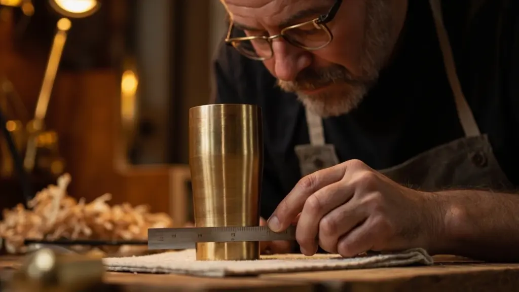 Organ builder measuring cut-up at the languid of a metal flue pipe