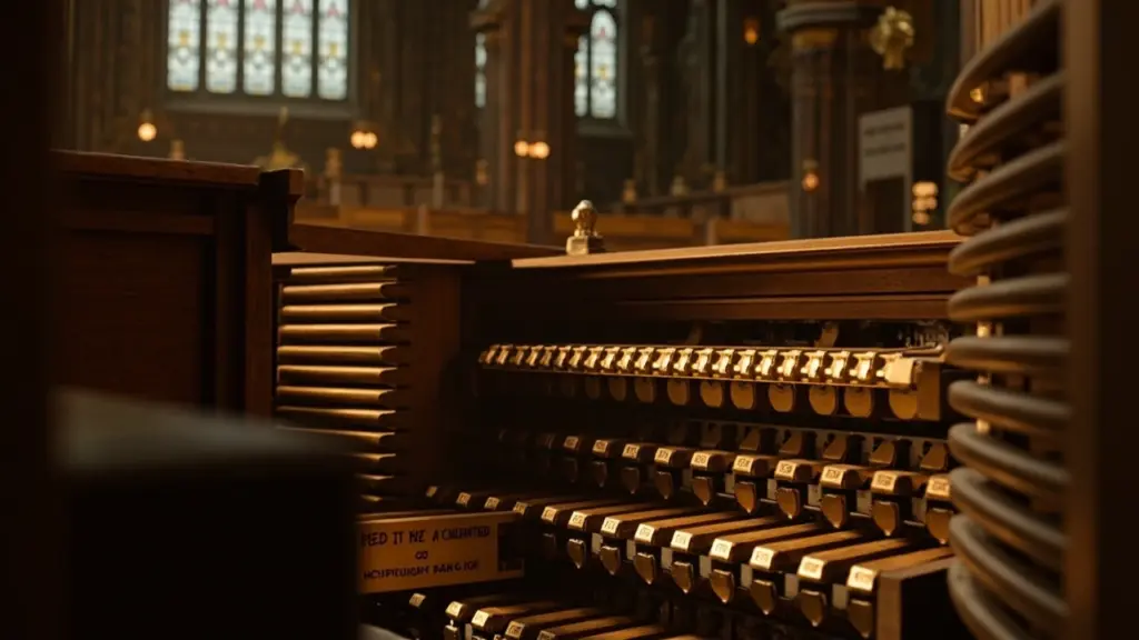 Open wooden swell shutters above a pipe organ's expressive division