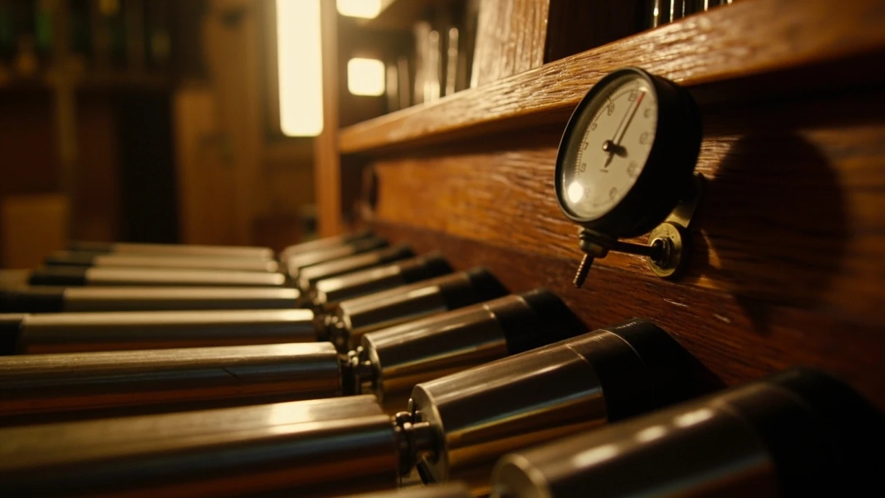 Pipe organ metal pipes with a thermometer showing temperature changes that affect tuning