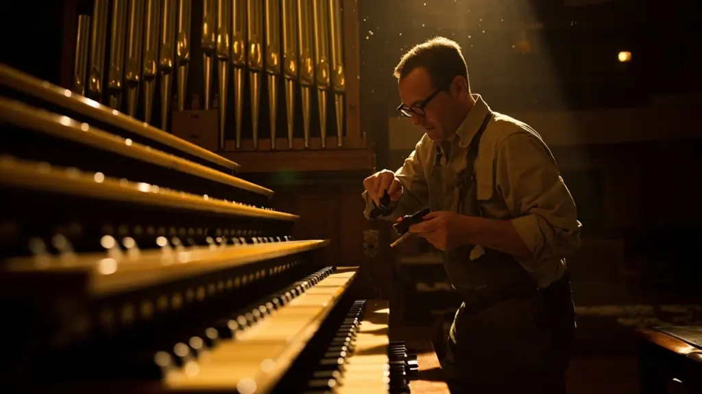 Why organ tuning starts with a reference rank: a tuner at the console with a chest opened to a single rank of pipes