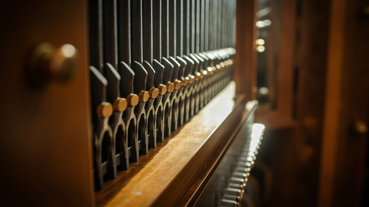 A celeste rank of slender metal pipes inside a pipe organ case, with neighboring ranks blurred in the background