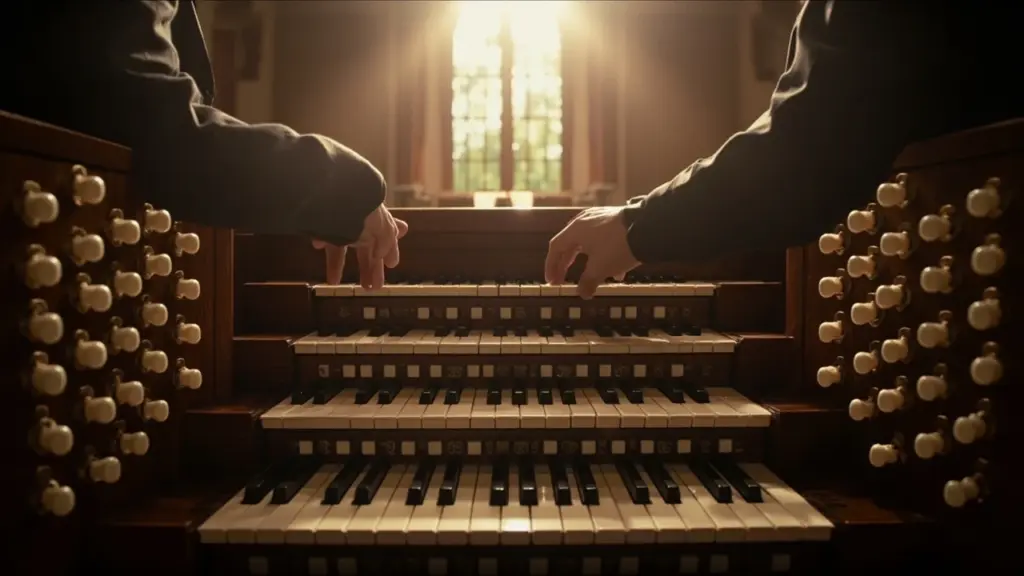 Hands at a pipe organ console combining manuals with couplers drawn to shape a registration