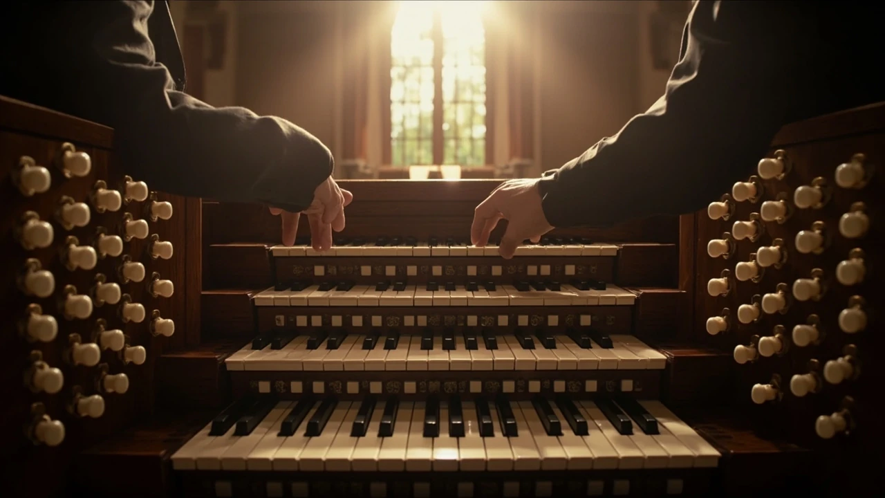 Hands at a pipe organ console combining manuals with couplers drawn to shape a registration