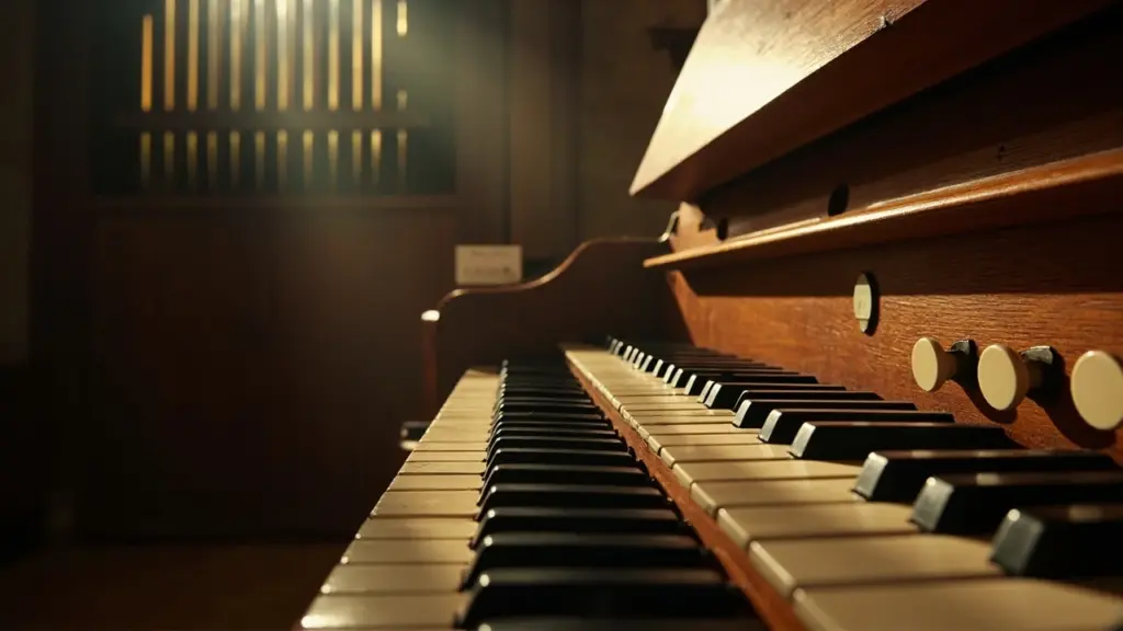 Hands playing a pipe organ console with tracker action keys and a stop jamb in the background