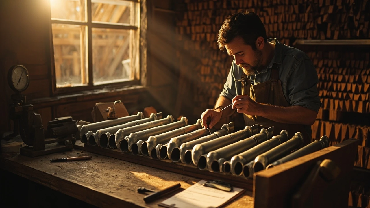 Organ builder testing a new pipe rank on a tuning bench
