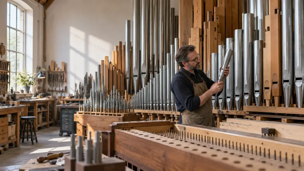 Rows of polished metal organ pipes inside a pipe organ case, showing how many pipes are in a pipe organ
