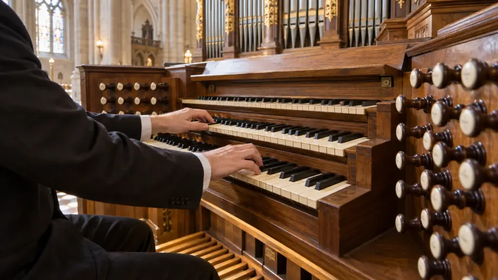 Console of a pipe organ showing why organs have multiple keyboards with manuals and pedalboard