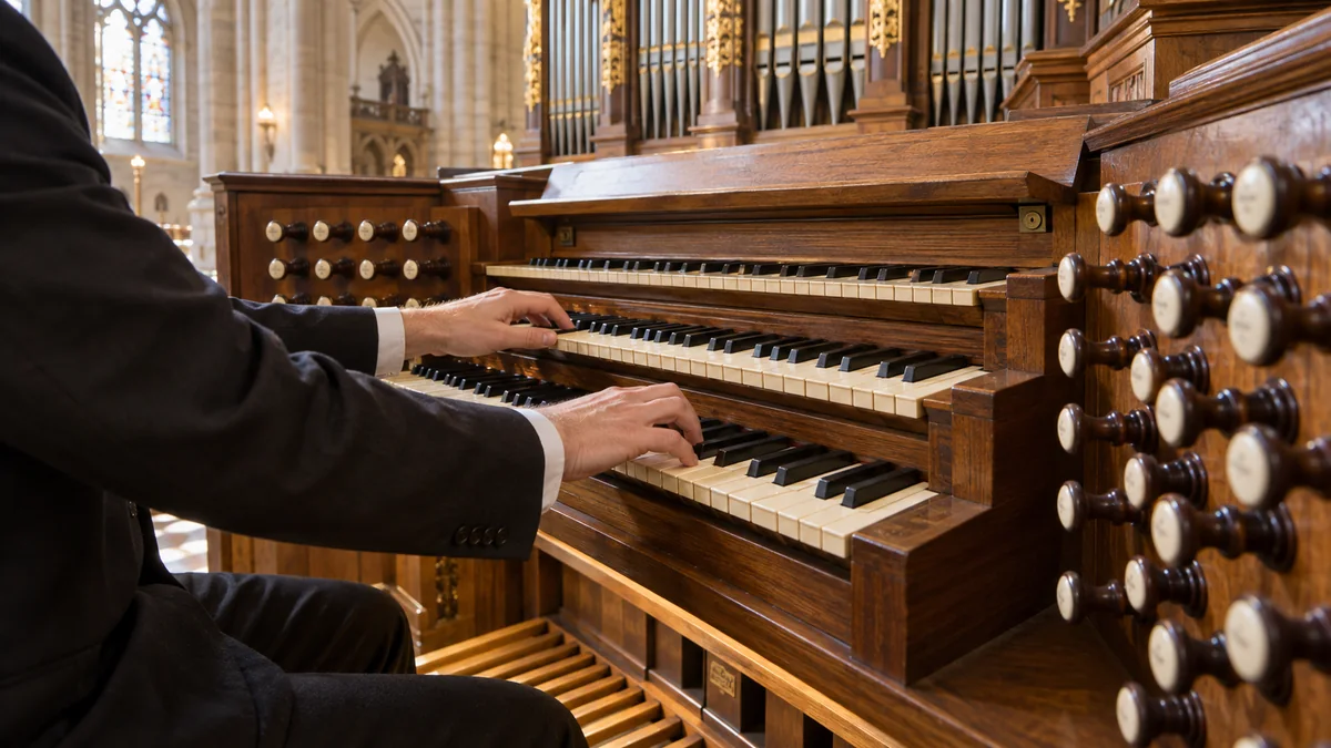 Console of a pipe organ showing why organs have multiple keyboards with manuals and pedalboard